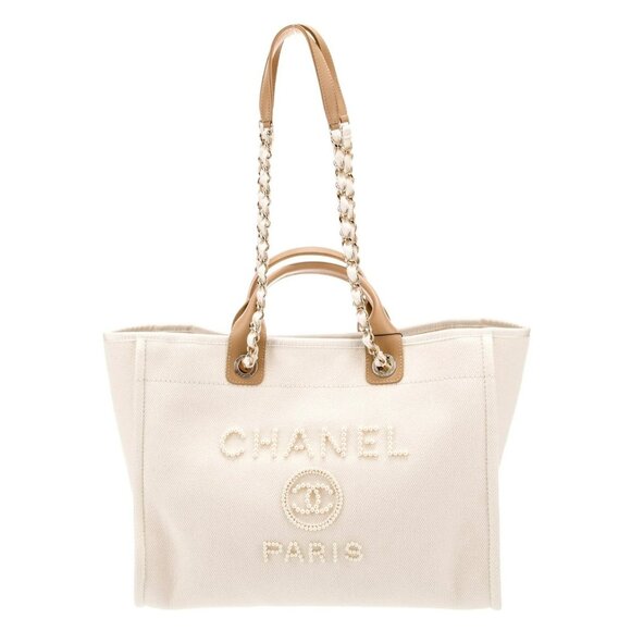 Chanel Beige Canvas & Leather Chain Tote Bag With Dual Handles & Logo Embroidery - Picture 1 of 16